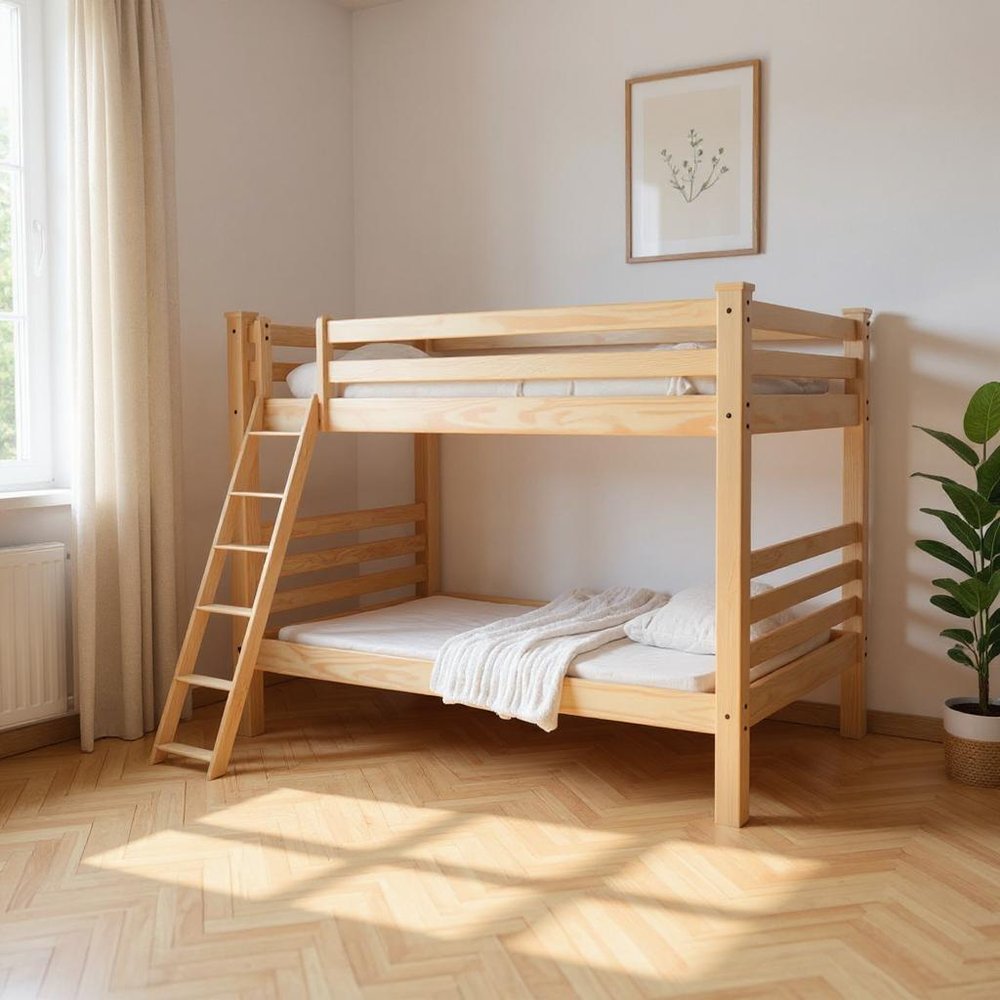 Natural Queen Over Queen Solid Wood Bunk Bed in a home interior