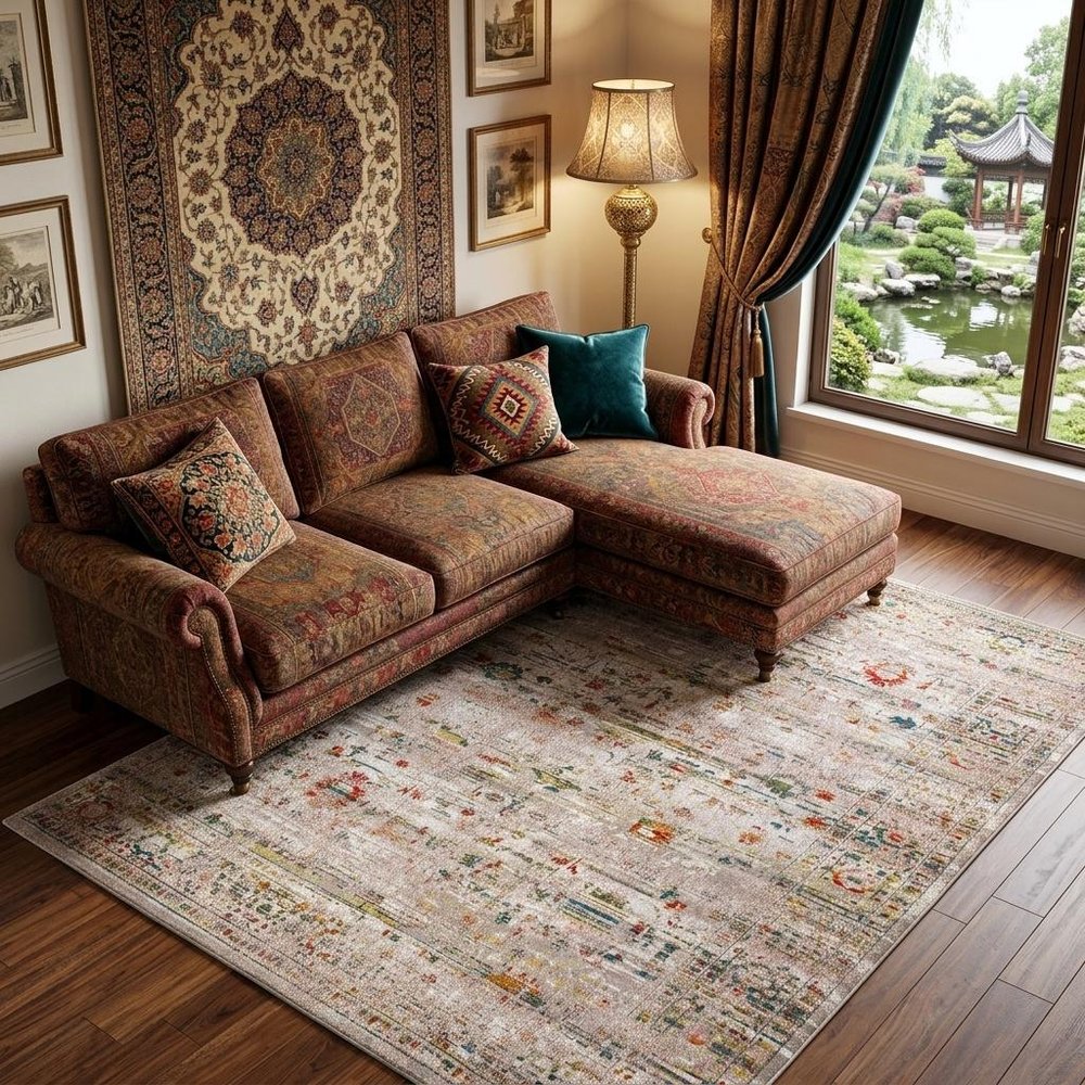 9' X 13' White Oriental Non Skid Area Rug in a home interior