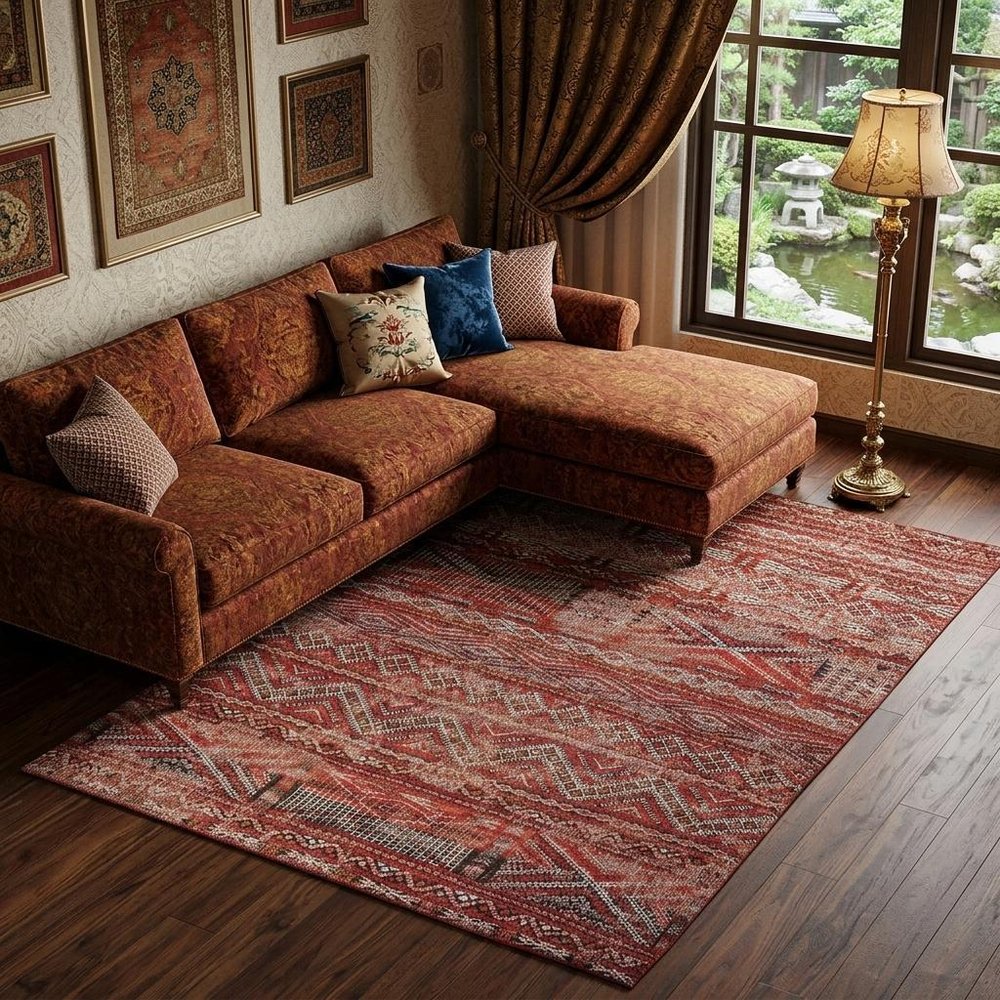 9' X 13' Red and Gray Oriental Non Skid Area Rug