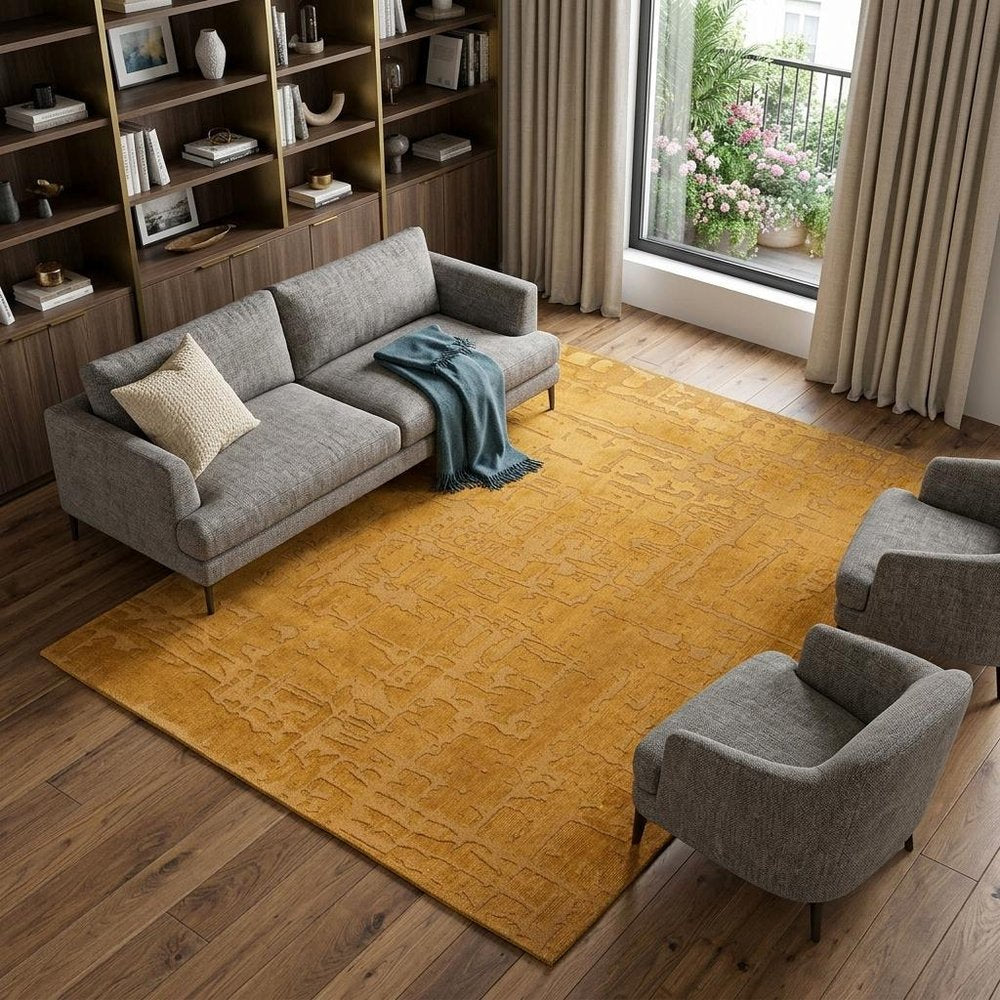 9' X 13' Yellow Abstract Non Skid Area Rug - 108" H x 144" W x 0.2" D in a home interior
