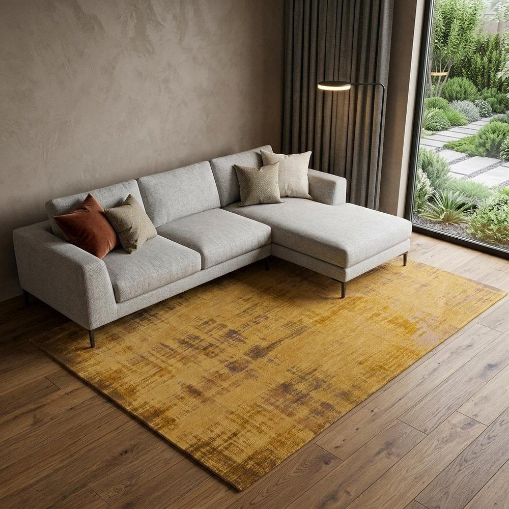 9' X 13' Yellow and Brown Abstract Non Skid Area Rug in a home interior