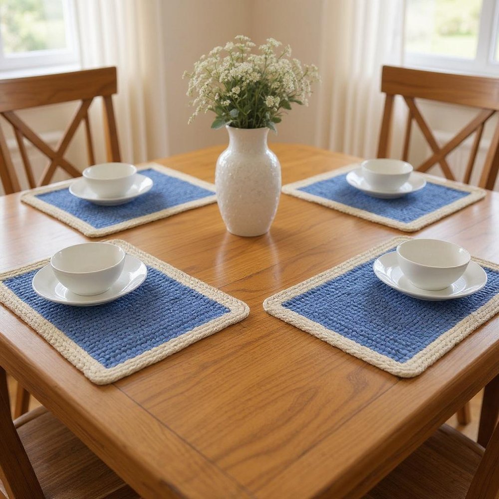 19" Set of Four Blue And Natural Solid With Border Cotton Placemats styled in a furnished interior with a tan wall on a dark wood floor in tan linen.