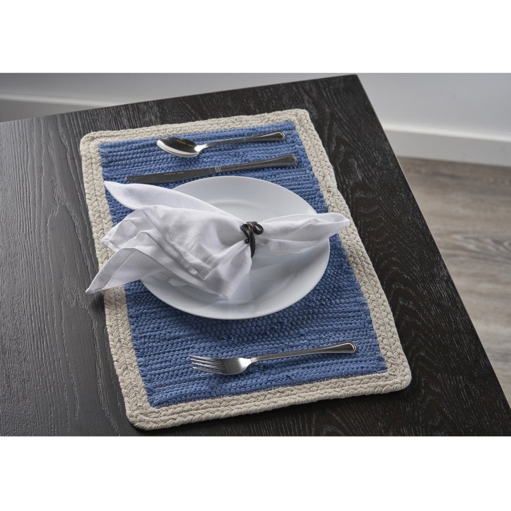 19" Set of Four Blue And Natural Solid With Border Cotton Placemats. Dining linen isolated on a plain white background, showing a linen surface.