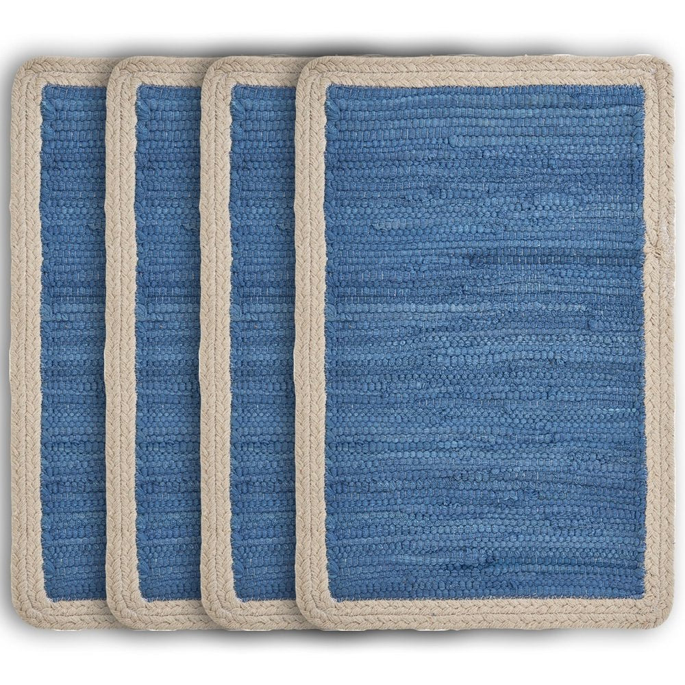 19" Set of Four Blue And Natural Solid With Border Cotton Placemats detail shot of the tan linen finish.