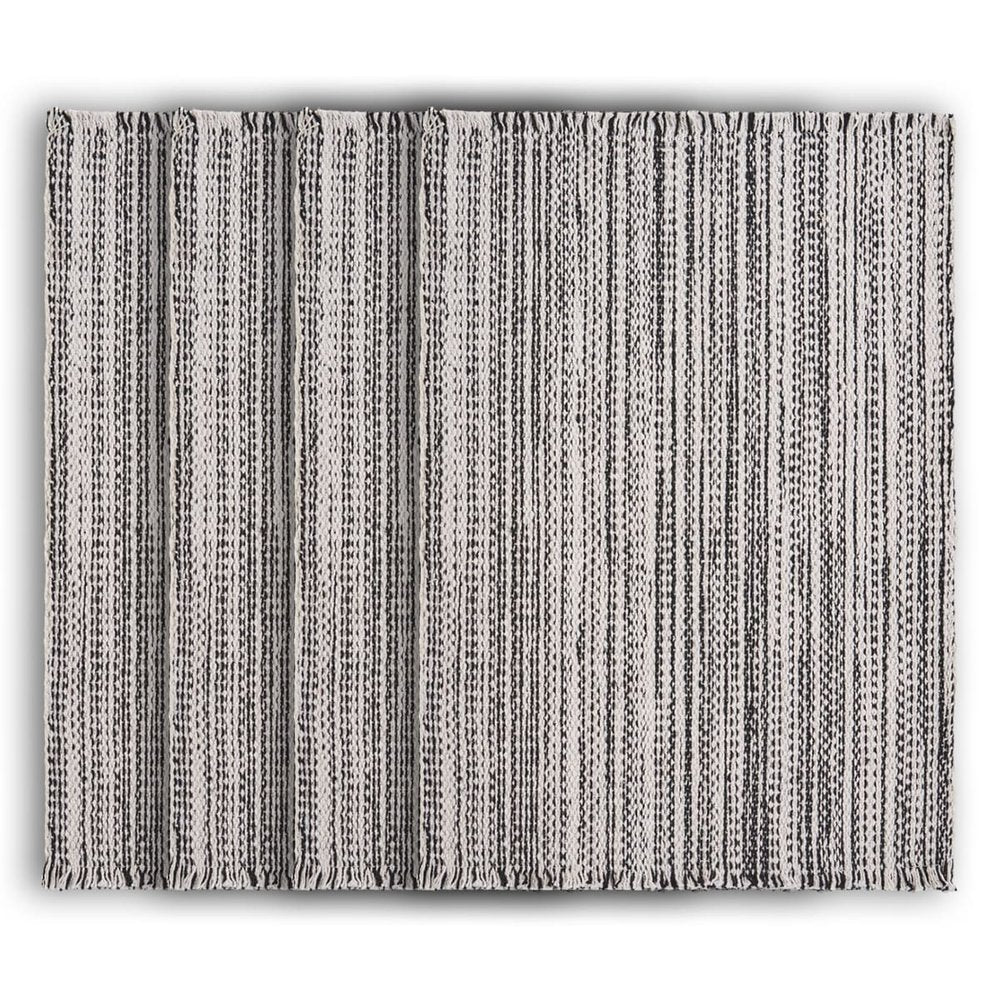 19" Set of Four Black And White Striped Cotton Placemats. Dining linen isolated on a plain white background, showing a white linen surface.