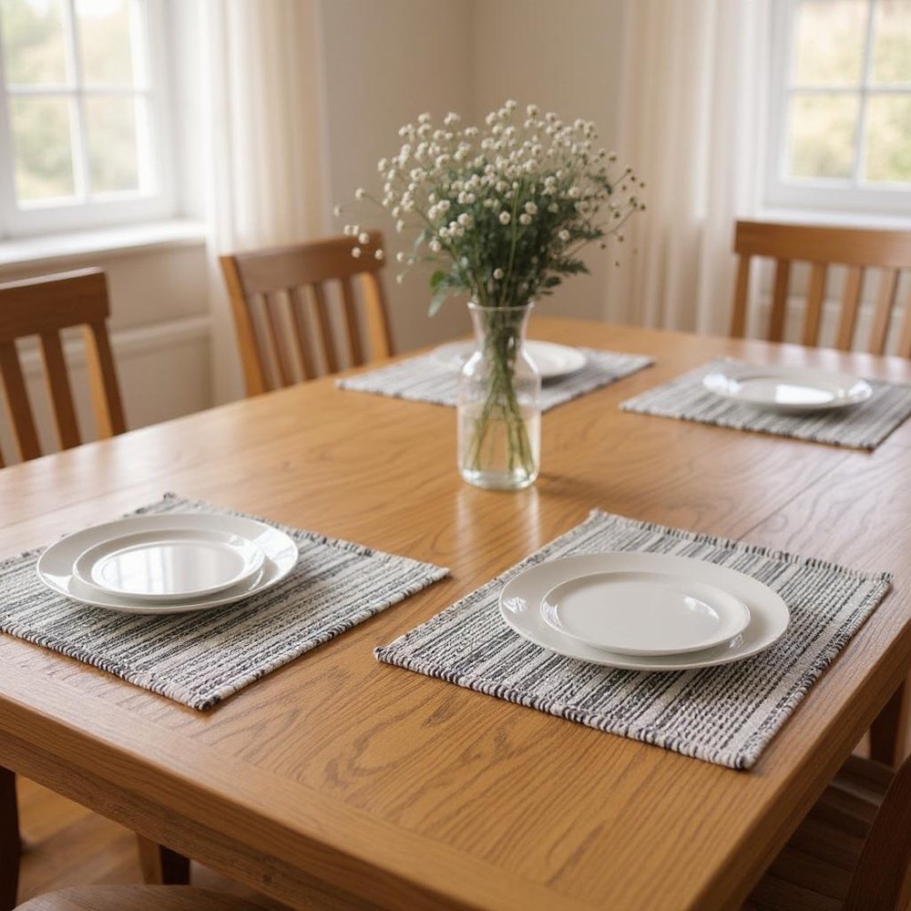 19" Set of Four Black And White Striped Cotton Placemats styled in a furnished interior with a tan wall on a dark wood floor.