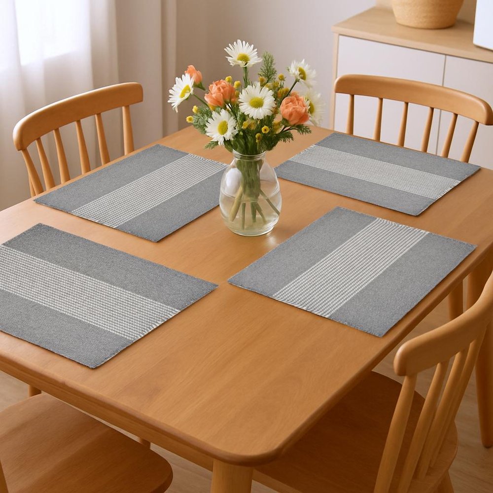 19" Set of Four Gray And White Striped Cotton Placemats. Dining linen in gray linen.