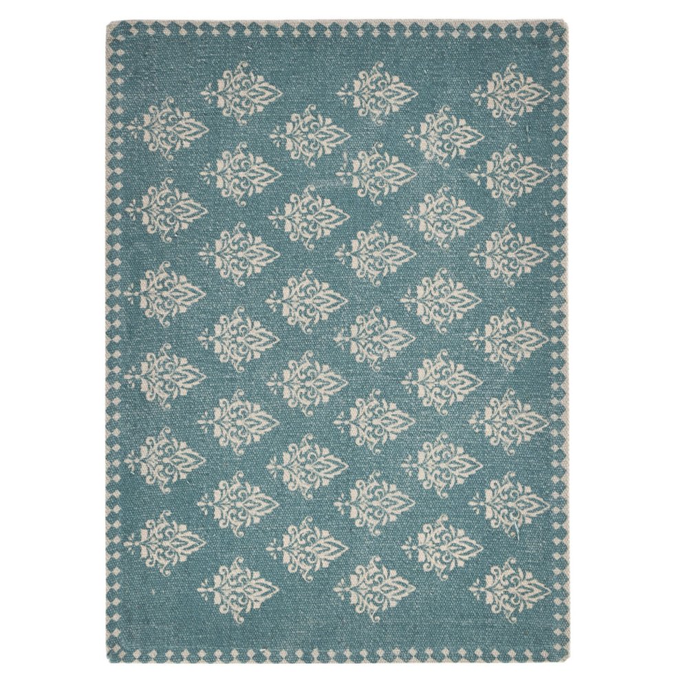 19" Set of Four Cream And Turquoise Damask Cotton Placemats. Dining linen isolated on a plain white background, showing a linen surface.