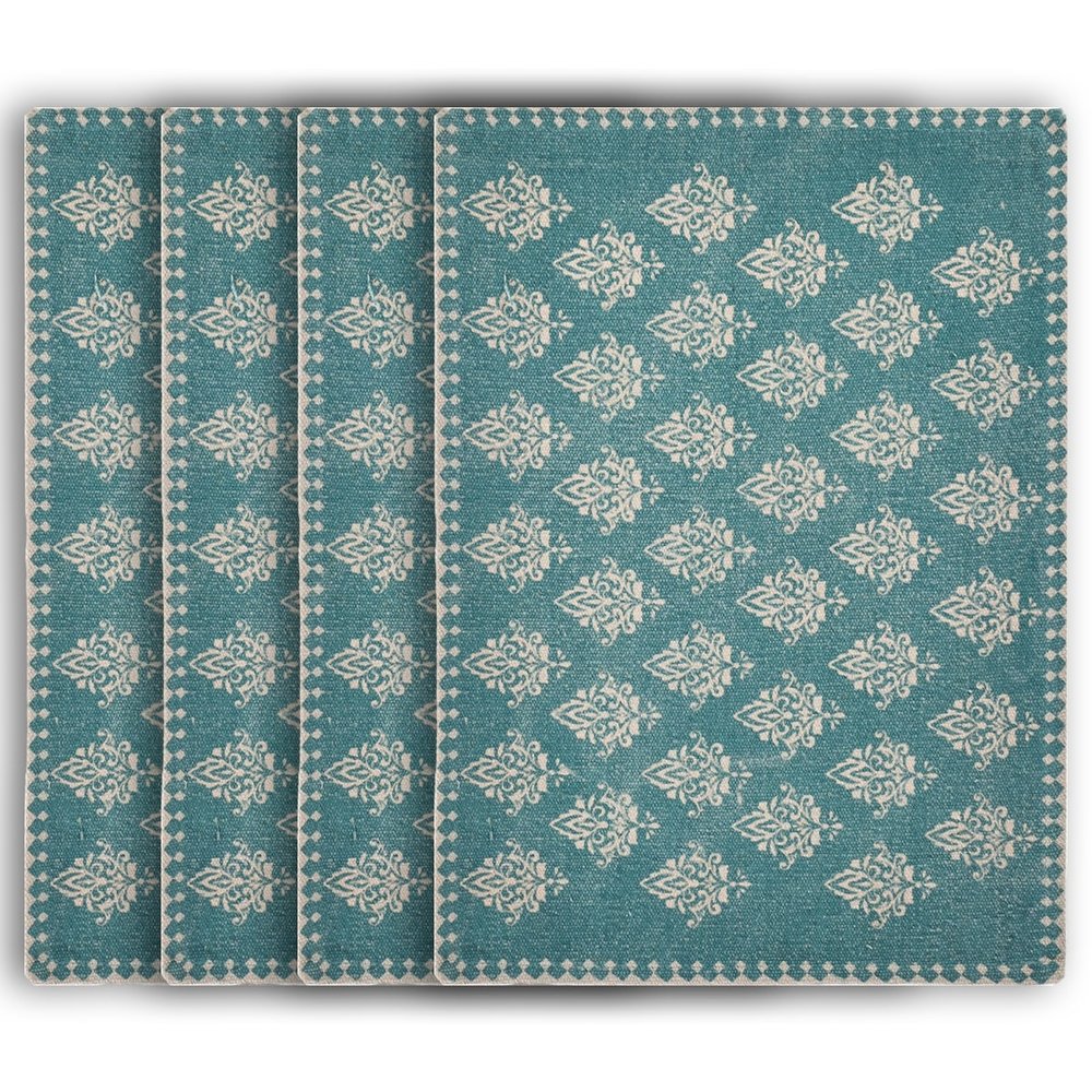 19" Set of Four Cream And Turquoise Damask Cotton Placemats. Dining linen isolated on a plain white background, showing a linen surface.