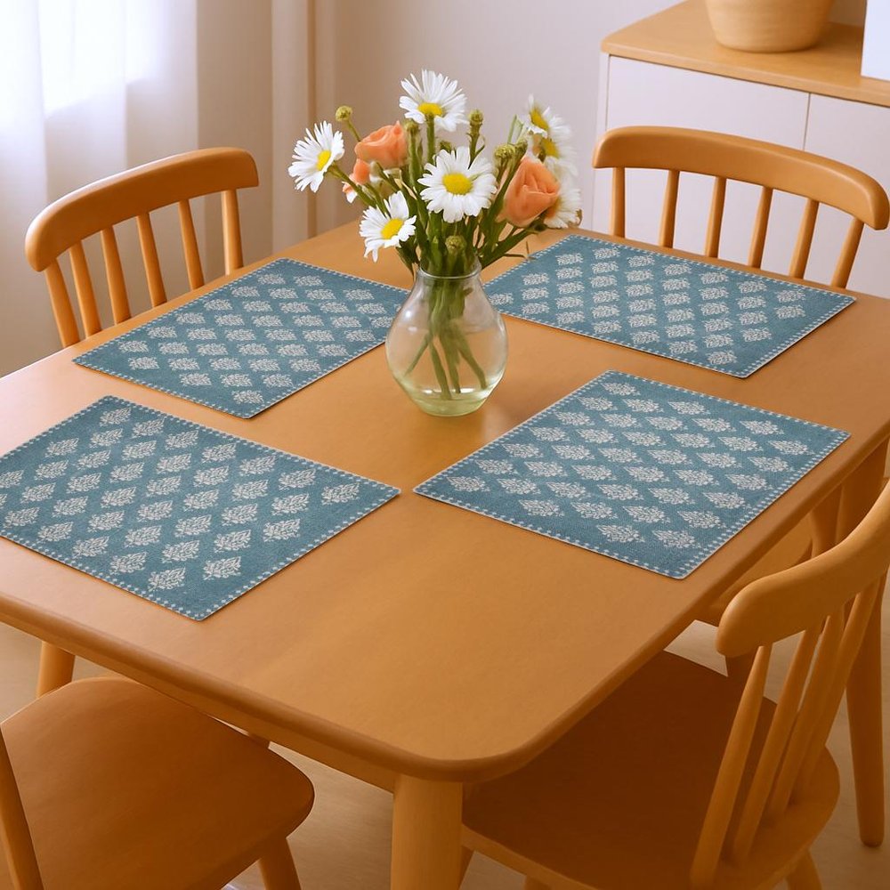 19" Set of Four Cream And Turquoise Damask Cotton Placemats. Dining linen in cream linen.