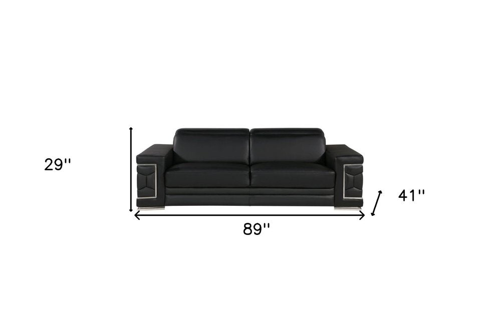 89" Black Leather Sofa With Silver Legs on a white background