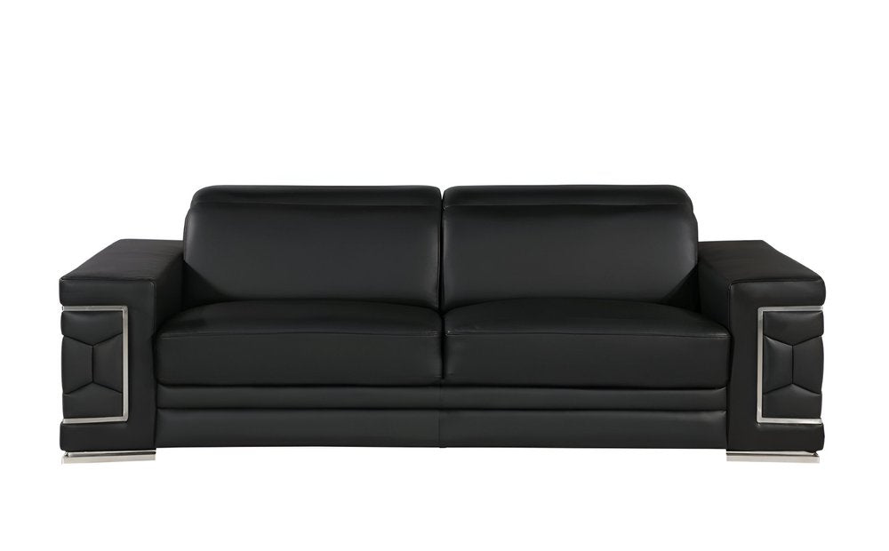 89" Black Leather Sofa With Silver Legs on a white background