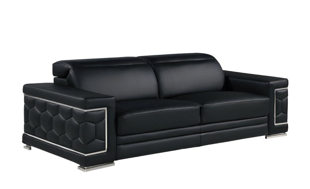 89" Black Leather Sofa With Silver Legs on a white background