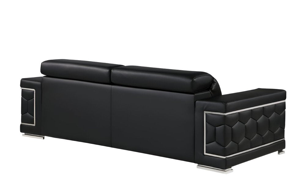 89" Black Leather Sofa With Silver Legs on a white background