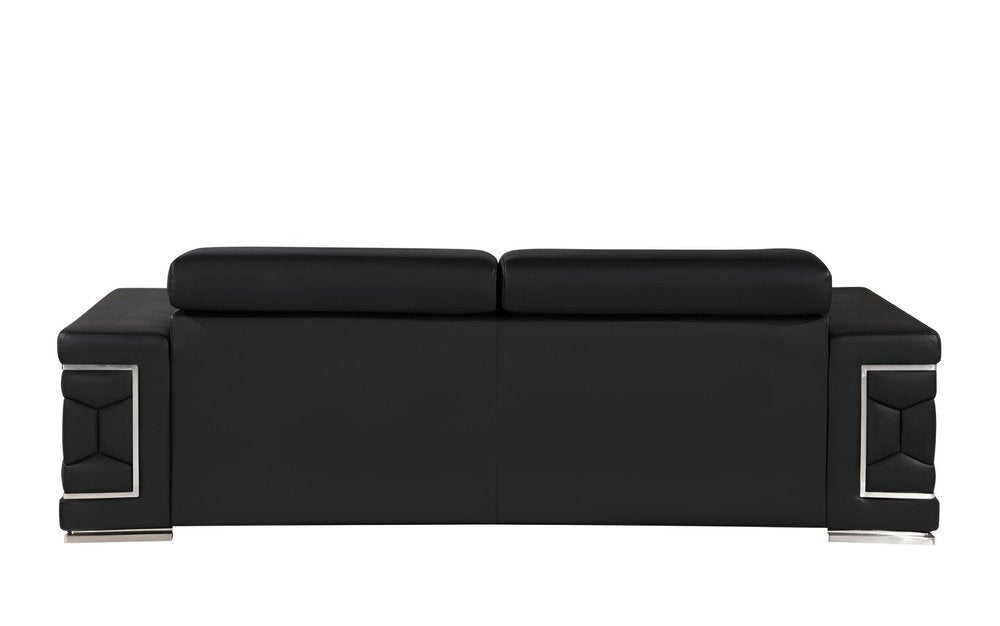 89" Black Leather Sofa With Silver Legs on a white background
