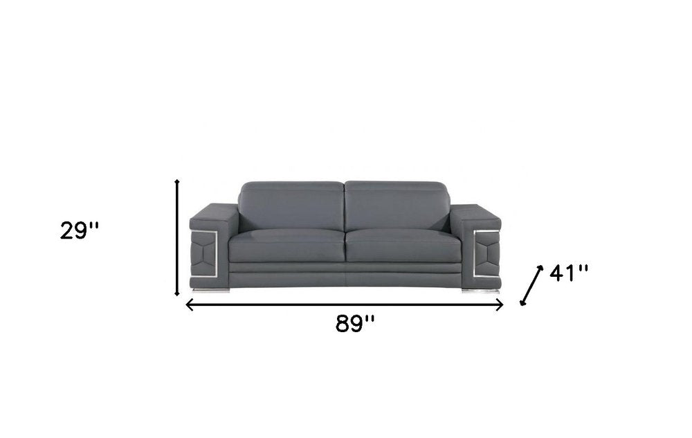 89" Black Leather Sofa With Silver Legs on a white background