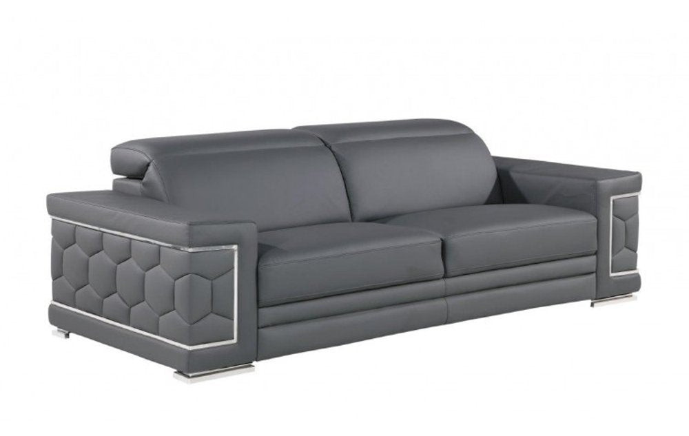 89" Black Leather Sofa With Silver Legs on a white background