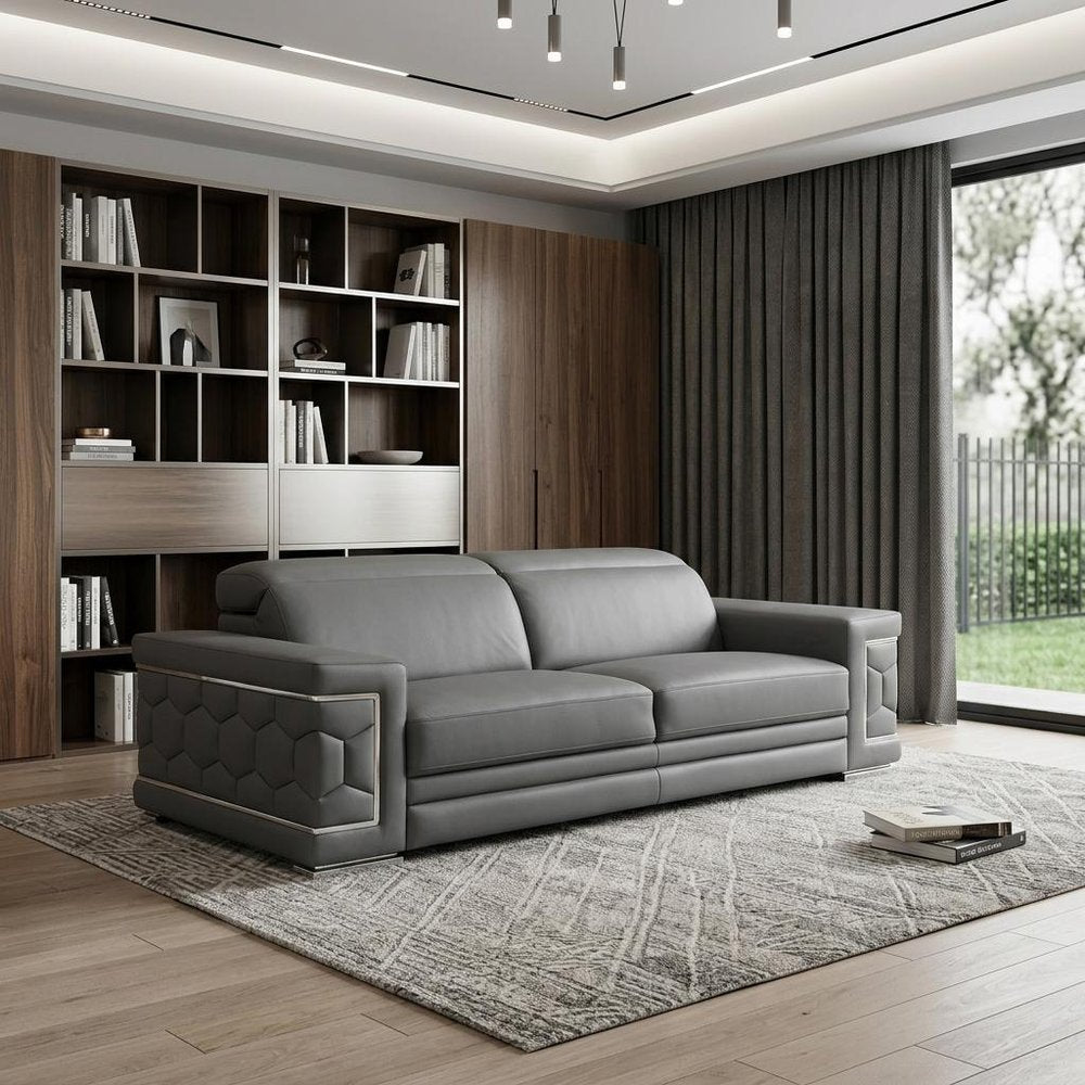 89" Black Leather Sofa With Silver Legs in a home interior