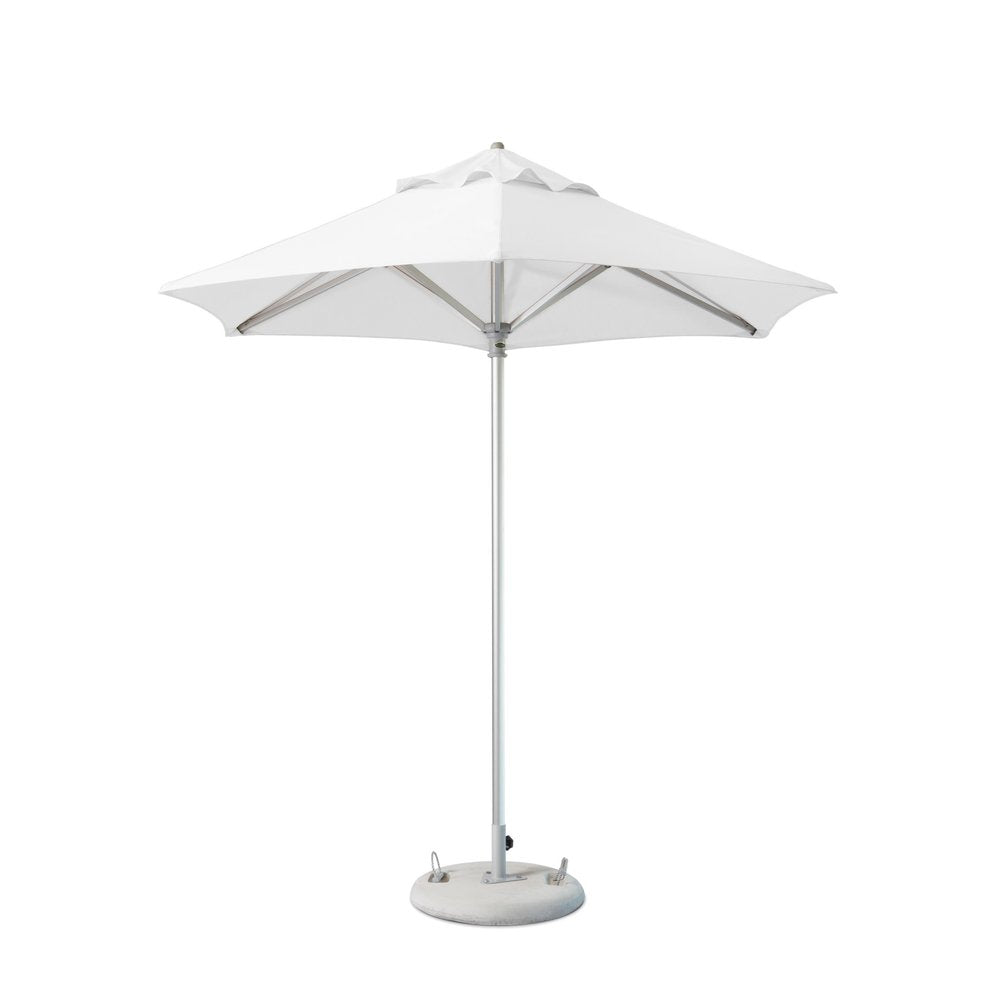 White polyester round market patio umbrella with a silver pole and concrete base on a white background.