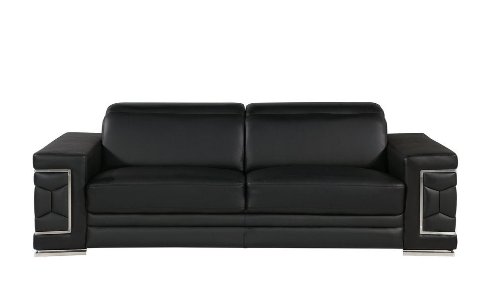 Two Piece Black Genuine Leather Five Person Seating Set