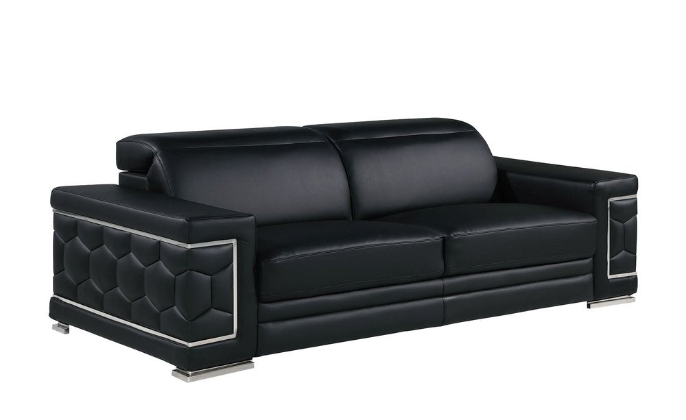Two Piece Black Genuine Leather Five Person Seating Set