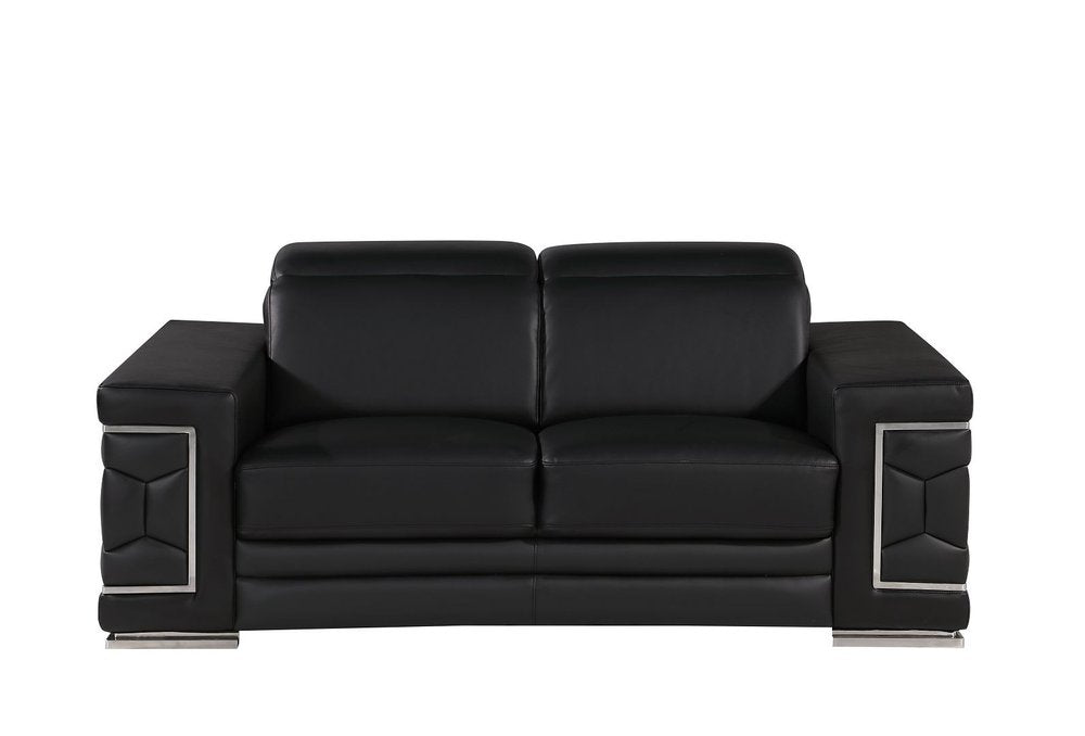 Two Piece Black Genuine Leather Five Person Seating Set