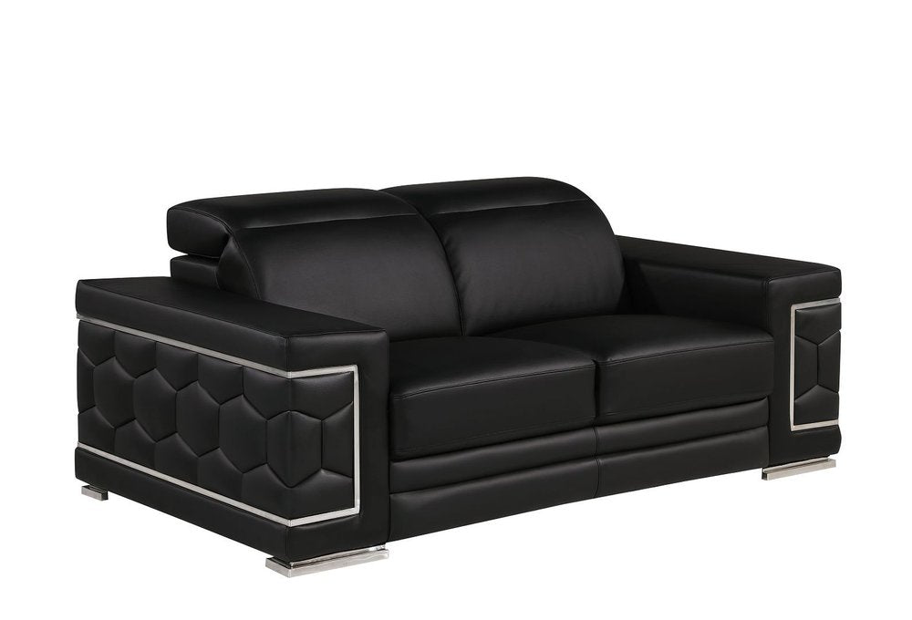 Two Piece Black Genuine Leather Five Person Seating Set