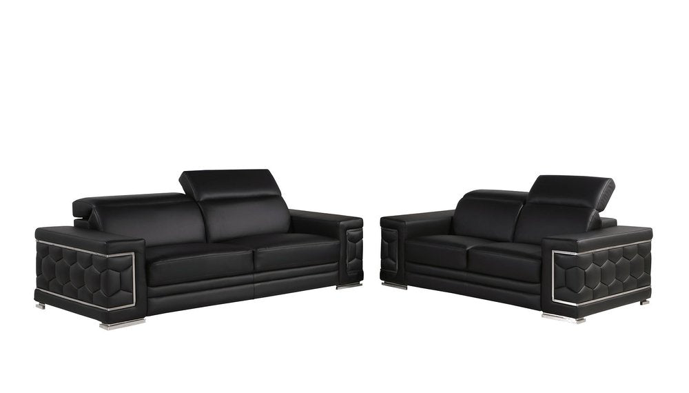 Two Piece Black Genuine Leather Five Person Seating Set