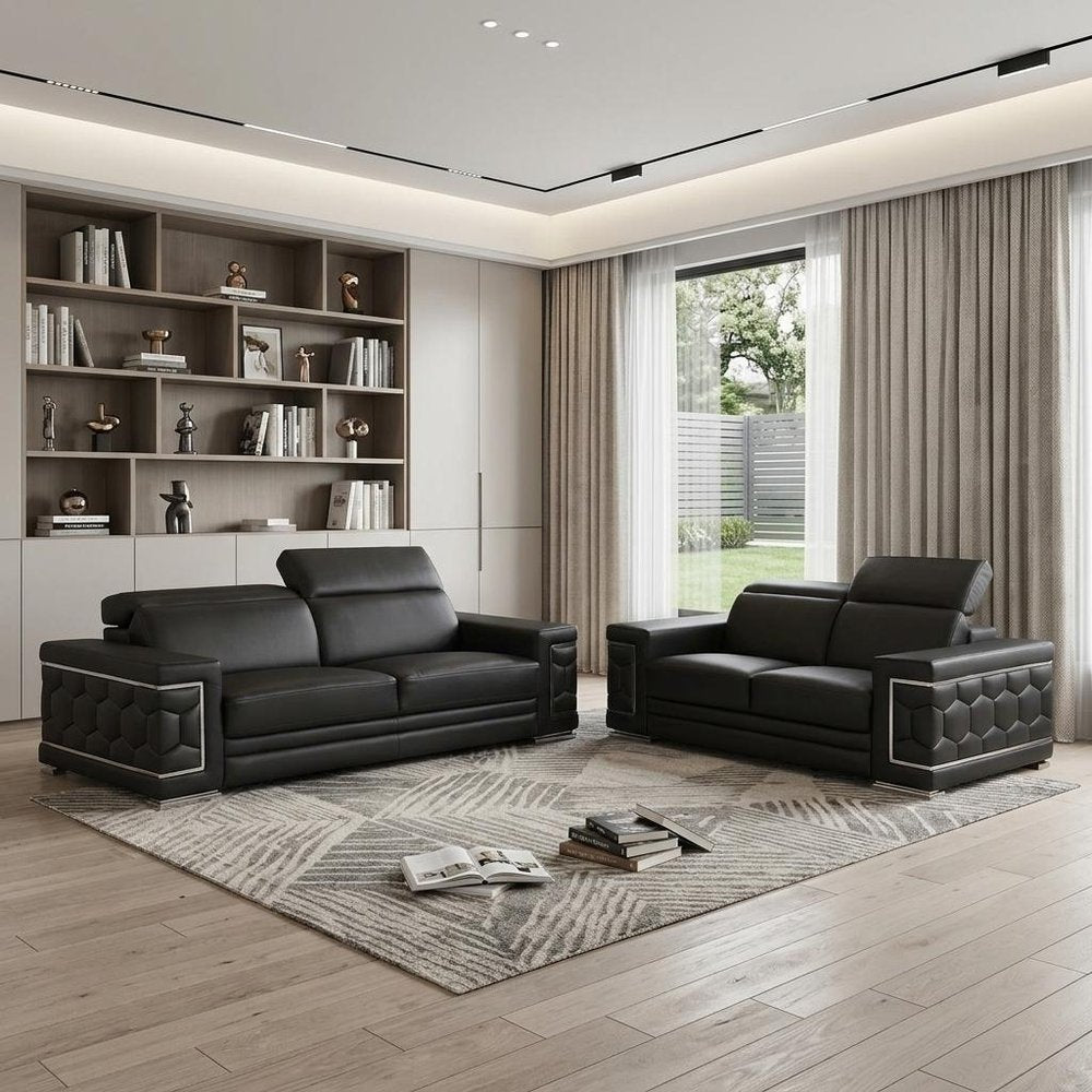 Two Piece Black Genuine Leather Five Person Seating Set