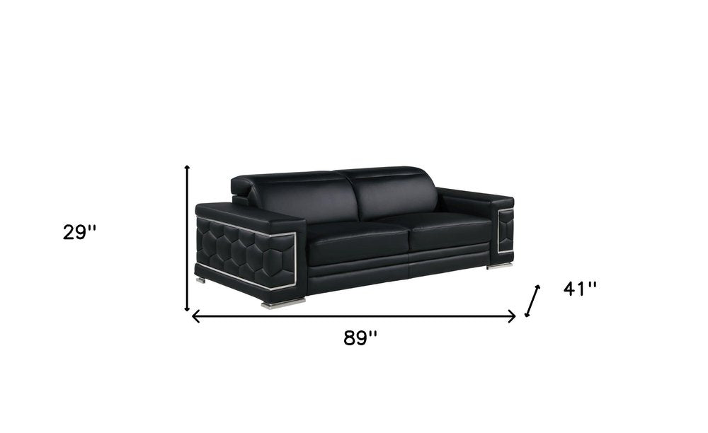 Two Piece Black Genuine Leather Five Person Seating Set