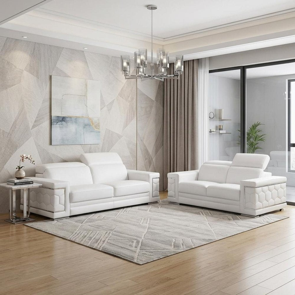 Two Piece White Genuine Leather Five Person Seating Set in a home interior