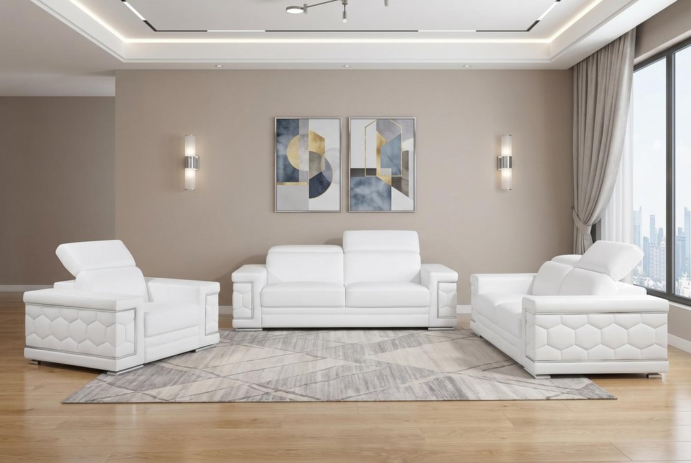 Three Piece White Genuine Leather Six Person Seating Set