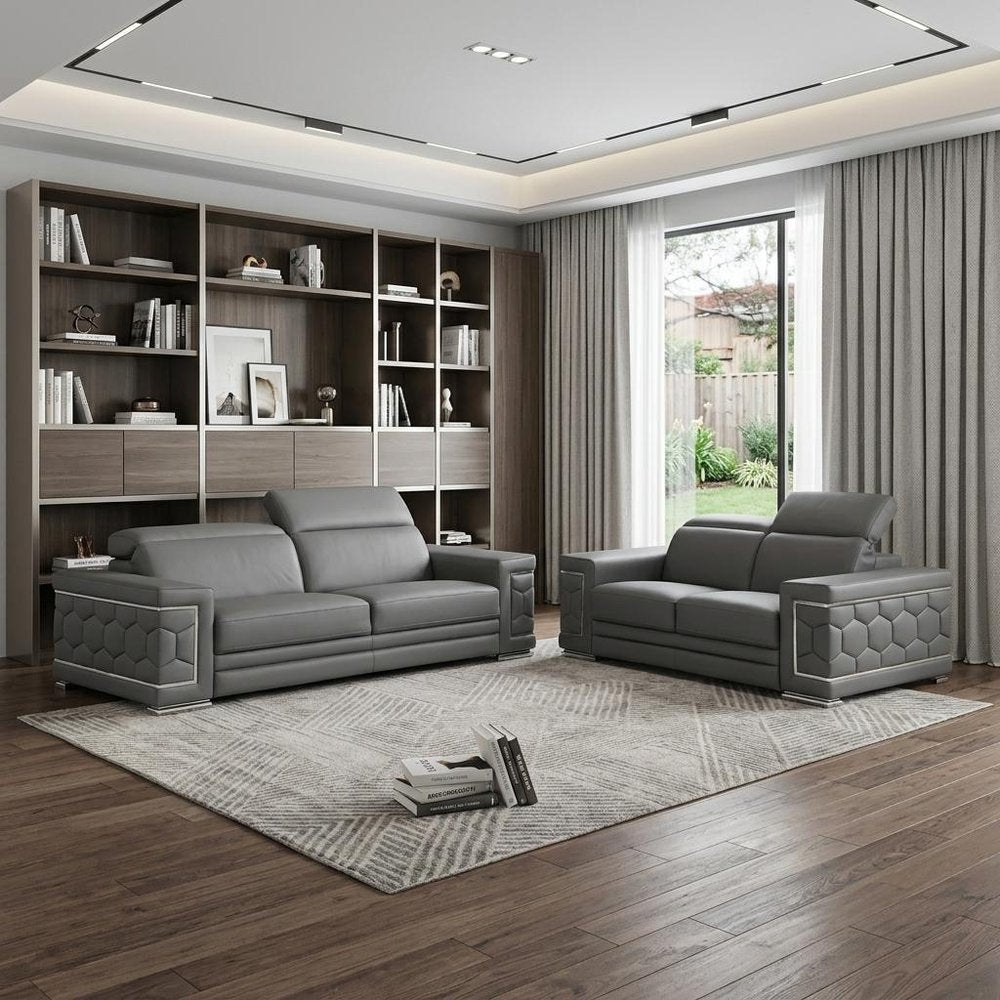 Two Piece Gray Genuine Leather Five Person Seating Set