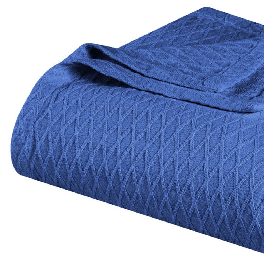 Twin Blue Cotton Woven Geometric Blanket on a white background