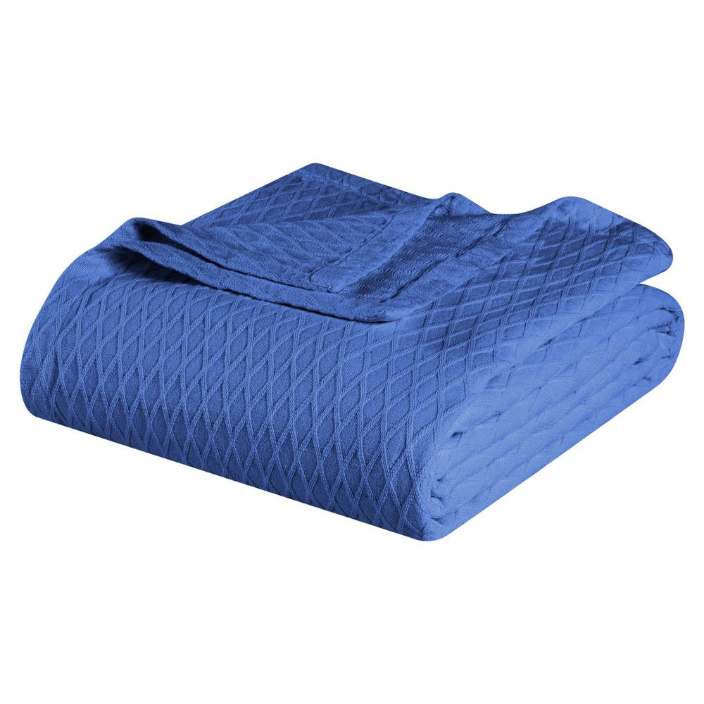 Twin Blue Cotton Woven Geometric Blanket on a white background