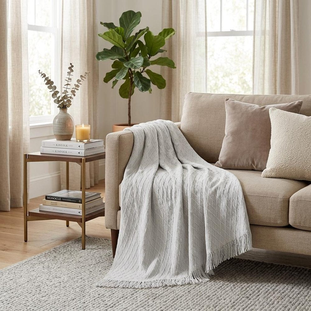 Twin Platinum Cotton Cable Knit Blanket in a home interior