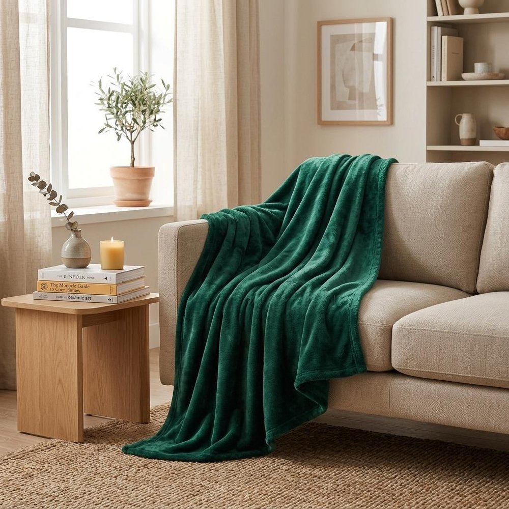 Twin Jungle Green Fleece Knitted Plush Blanket in a home interior