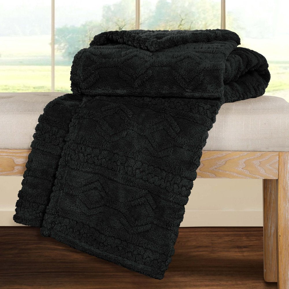 Twin Black Fleece Geometric Plush Blanket
