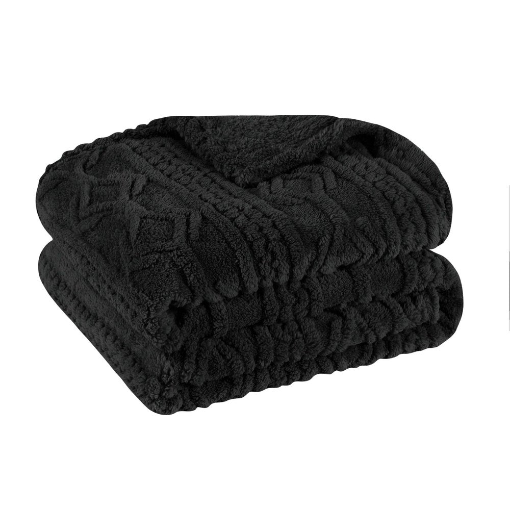 Twin Black Fleece Geometric Plush Blanket on a white background