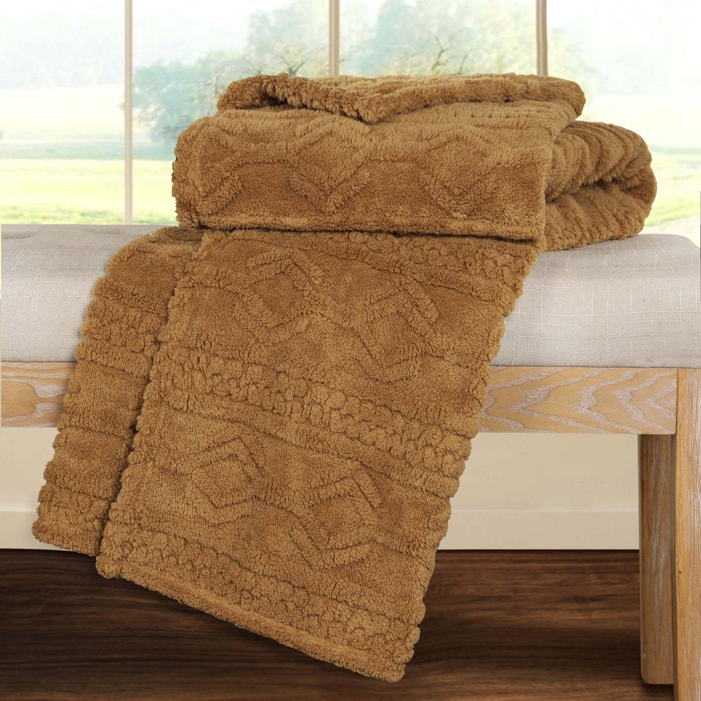 Twin Camel Fleece Geometric Plush Blanket close-up detail