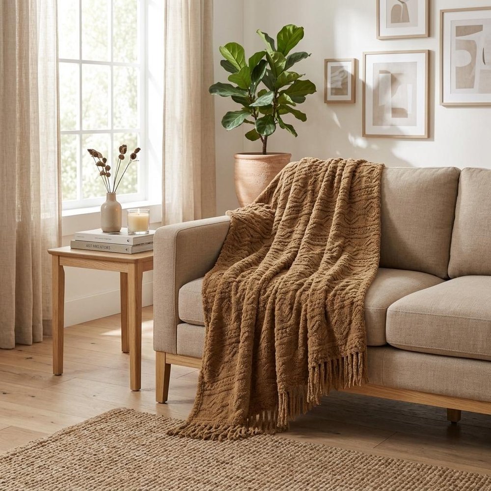 Twin Camel Fleece Geometric Plush Blanket in a home interior