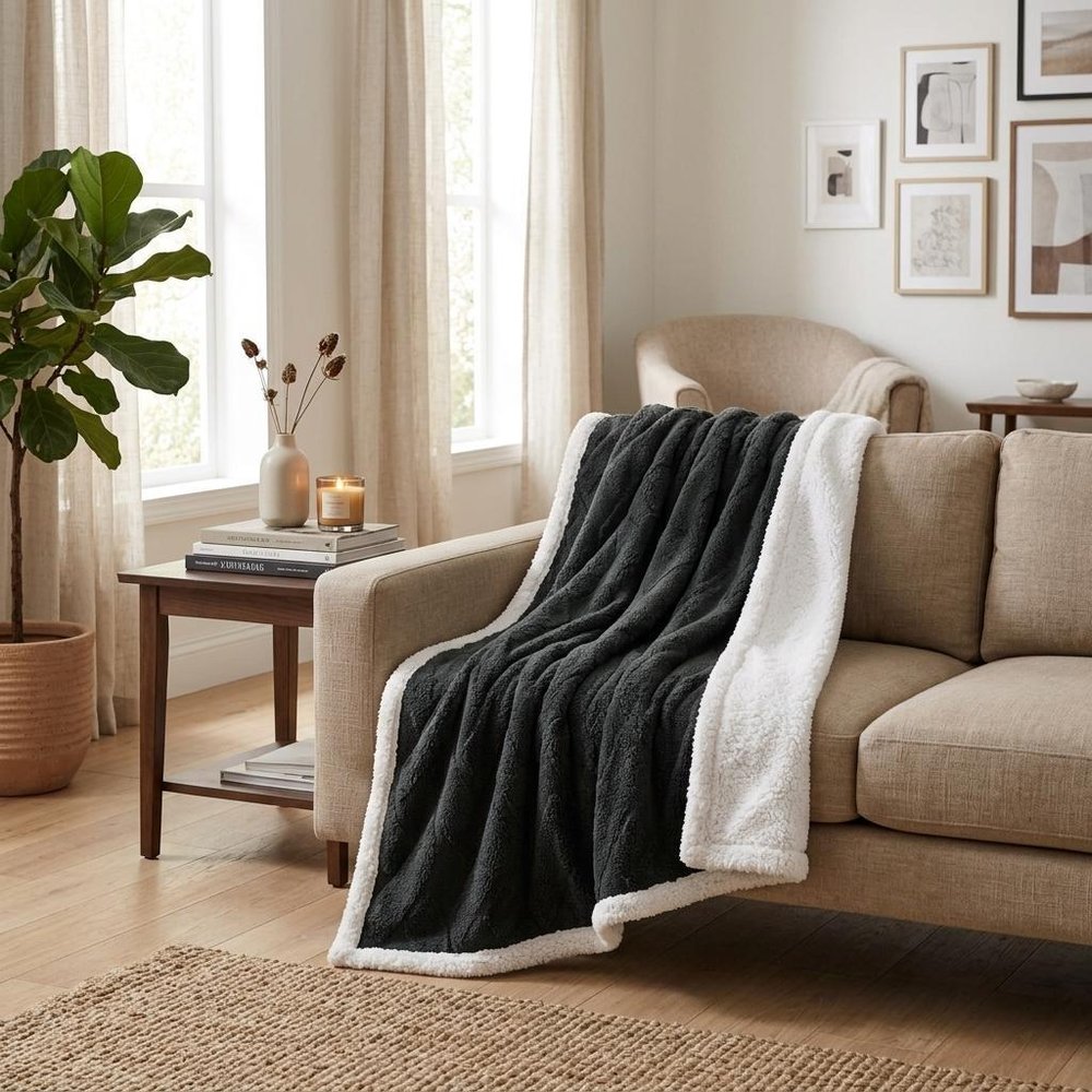Twin Black Fleece Knitted Plush Blanket in a home interior