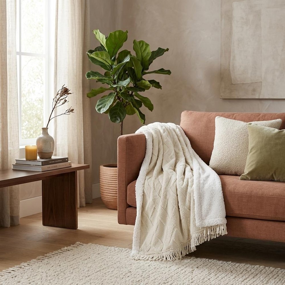 Twin Ivory Fleece Geometric Plush Blanket in a home interior