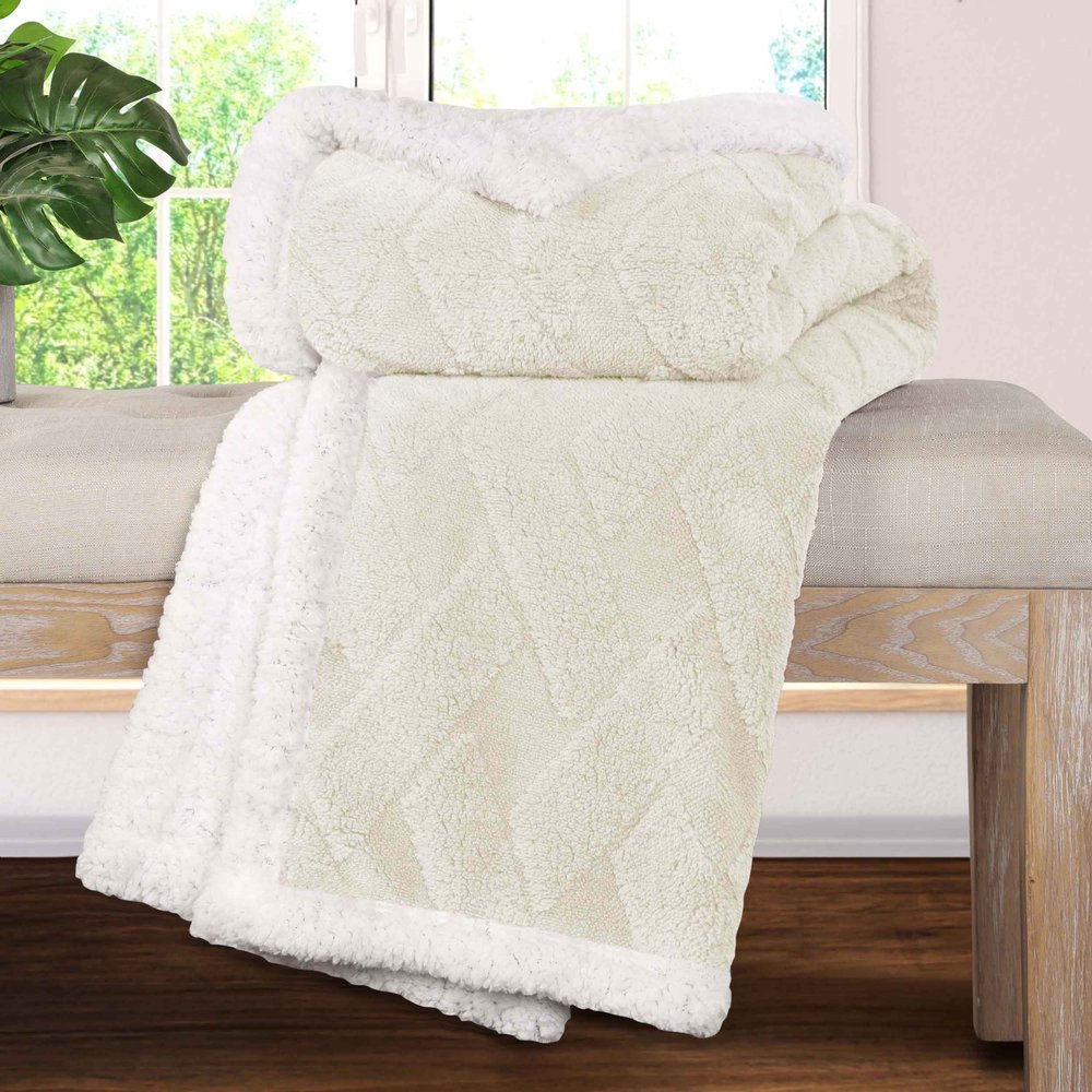 Twin Ivory Fleece Geometric Plush Blanket