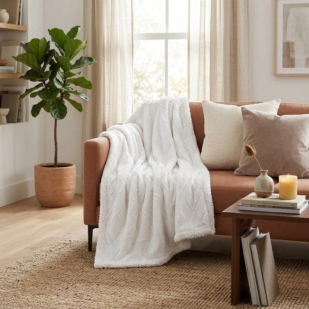 Twin White Fleece Knitted Plush Blanket in a home interior