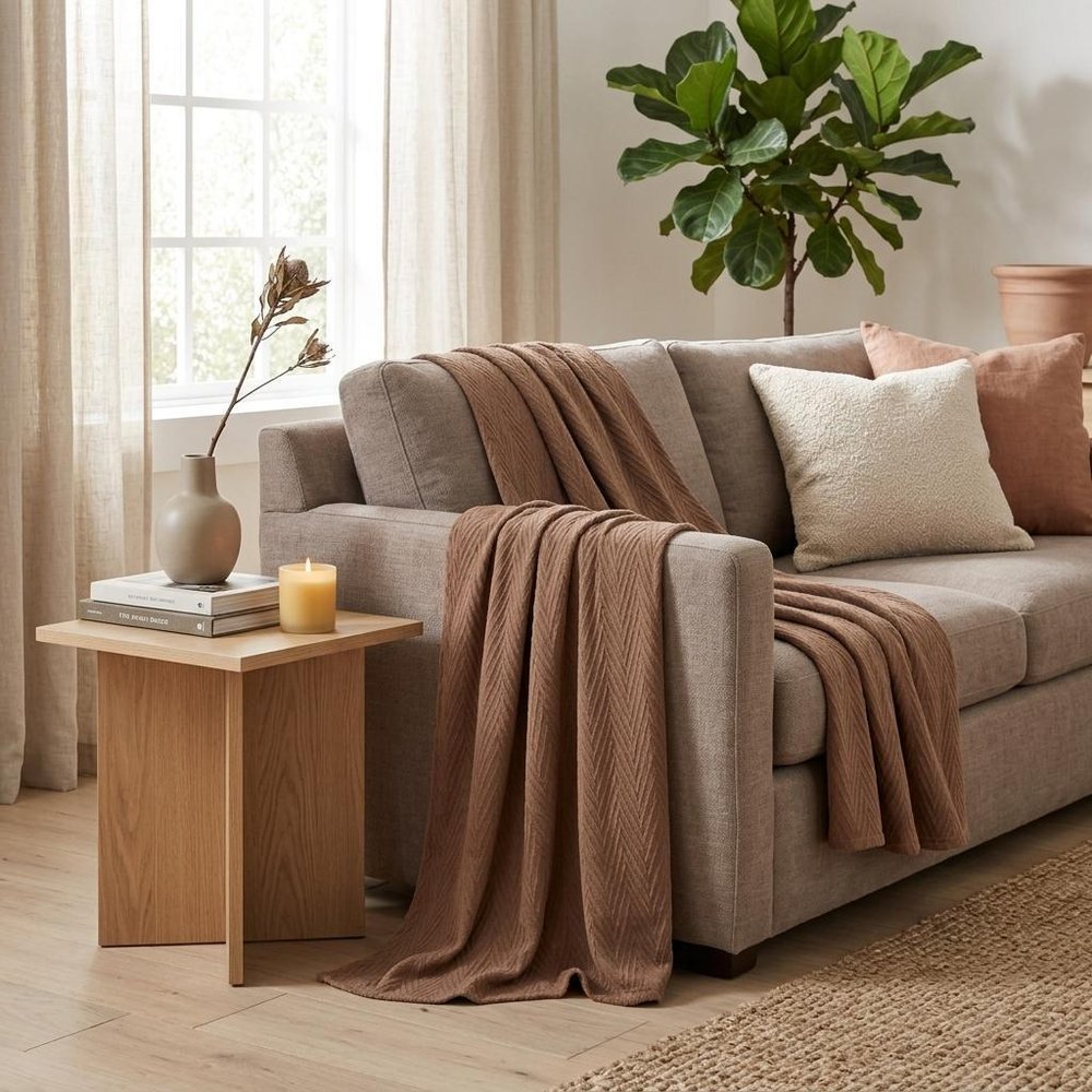 Twin Taupe Cotton Woven Chevron Blanket in a home interior