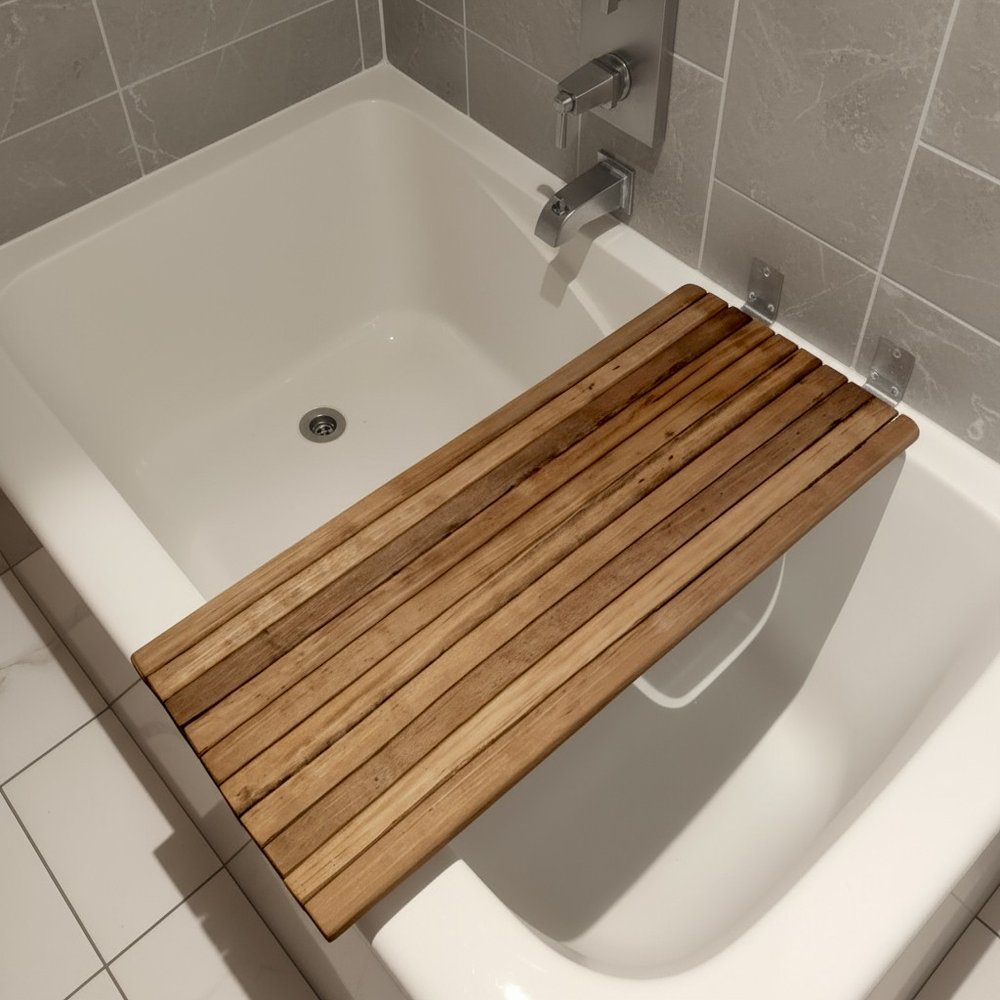 30" Brown Wall Mount Teak Rectangular Shower Bench - 2.25" H x 30" W x 15" D styled in a furnished interior with a brown wall on a tiled floor.