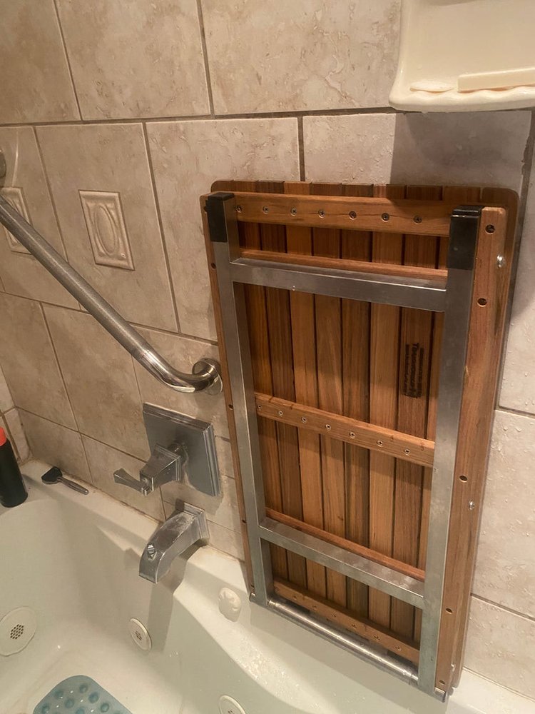 30" Brown Wall Mount Teak Rectangular Shower Bench - 2.25" H x 30" W x 15" D. Shower bench in brown teak.