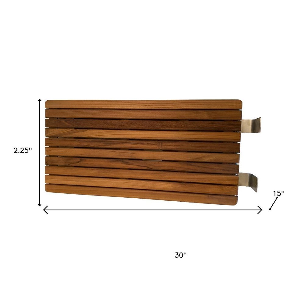 30" Brown Wall Mount Teak Rectangular Shower Bench - 2.25" H x 30" W x 15" D. Shower bench isolated on a plain white background, showing a brown teak surface.