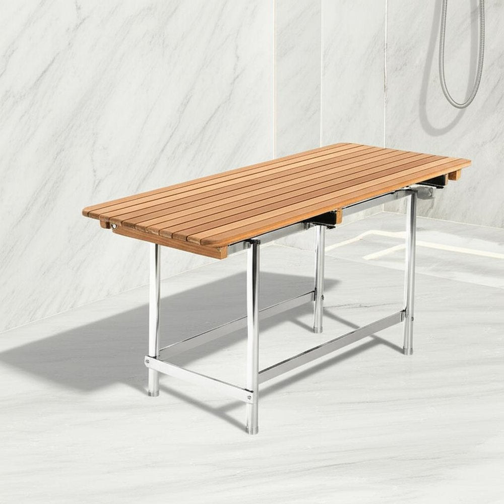 18" X 32" Brown Teak Rectangular Shower Bench. Shower bench isolated on a plain white background, finished in brown teak.